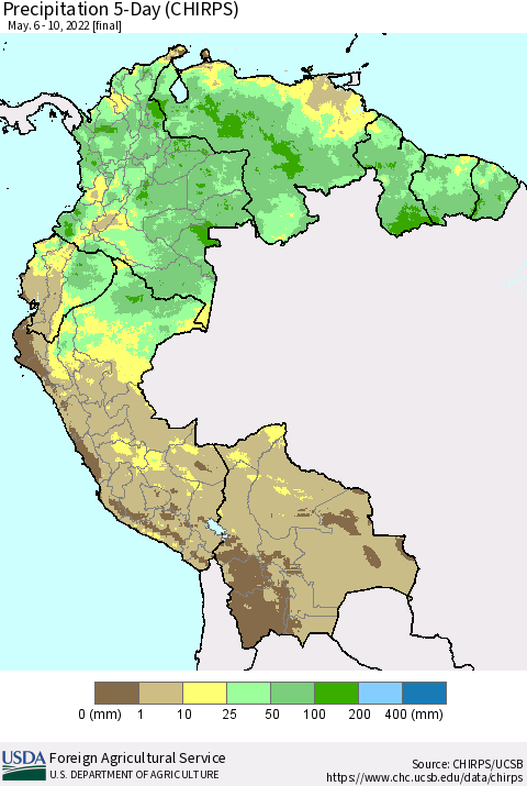 Northern South America Precipitation 5-Day (CHIRPS) Thematic Map For 5/6/2022 - 5/10/2022