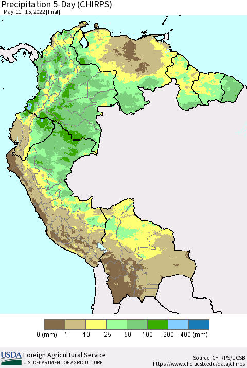 Northern South America Precipitation 5-Day (CHIRPS) Thematic Map For 5/11/2022 - 5/15/2022