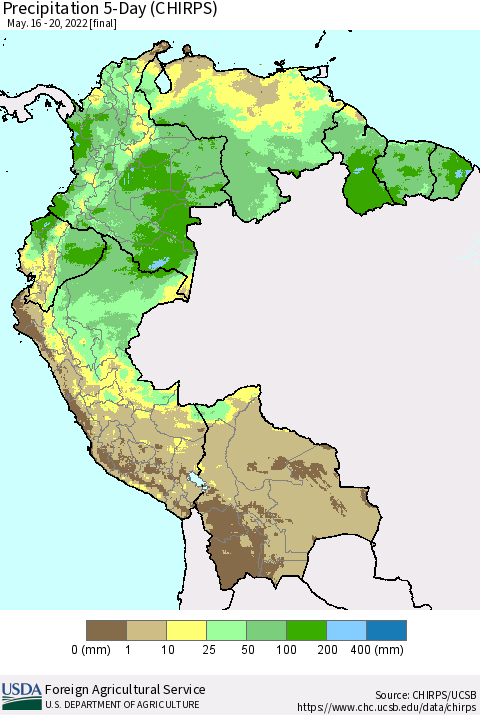 Northern South America Precipitation 5-Day (CHIRPS) Thematic Map For 5/16/2022 - 5/20/2022