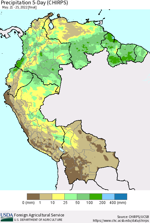 Northern South America Precipitation 5-Day (CHIRPS) Thematic Map For 5/21/2022 - 5/25/2022