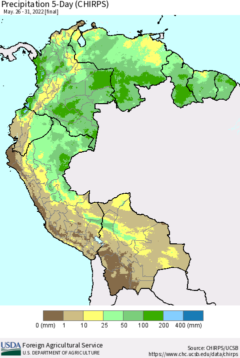 Northern South America Precipitation 5-Day (CHIRPS) Thematic Map For 5/26/2022 - 5/31/2022