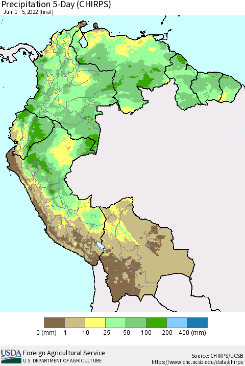 Northern South America Precipitation 5-Day (CHIRPS) Thematic Map For 6/1/2022 - 6/5/2022