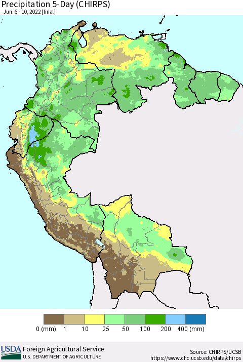 Northern South America Precipitation 5-Day (CHIRPS) Thematic Map For 6/6/2022 - 6/10/2022