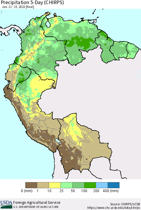 Northern South America Precipitation 5-Day (CHIRPS) Thematic Map For 6/11/2022 - 6/15/2022
