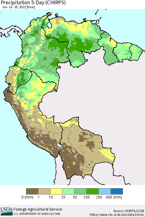 Northern South America Precipitation 5-Day (CHIRPS) Thematic Map For 6/16/2022 - 6/20/2022