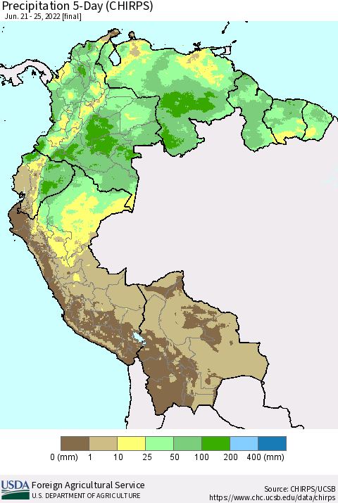 Northern South America Precipitation 5-Day (CHIRPS) Thematic Map For 6/21/2022 - 6/25/2022