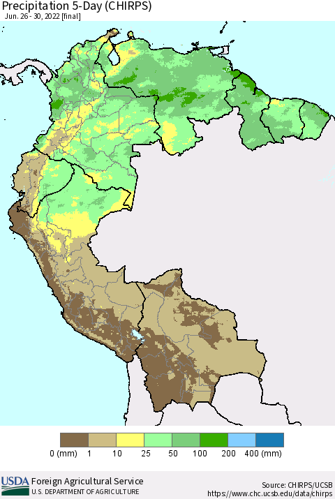 Northern South America Precipitation 5-Day (CHIRPS) Thematic Map For 6/26/2022 - 6/30/2022
