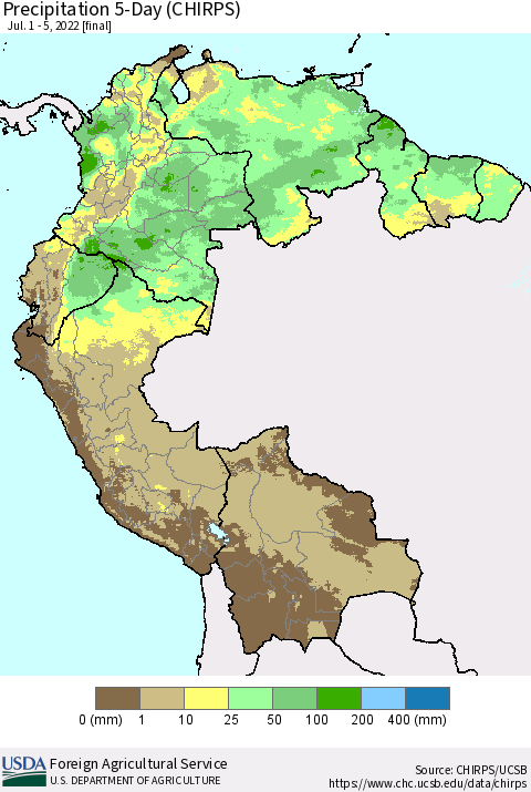Northern South America Precipitation 5-Day (CHIRPS) Thematic Map For 7/1/2022 - 7/5/2022