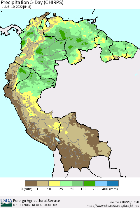 Northern South America Precipitation 5-Day (CHIRPS) Thematic Map For 7/6/2022 - 7/10/2022
