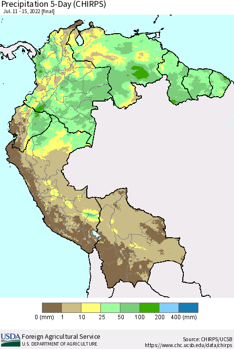 Northern South America Precipitation 5-Day (CHIRPS) Thematic Map For 7/11/2022 - 7/15/2022