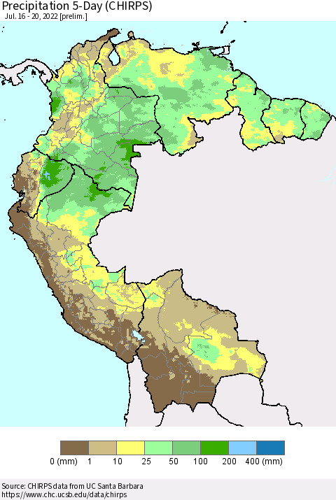 Northern South America Precipitation 5-Day (CHIRPS) Thematic Map For 7/16/2022 - 7/20/2022