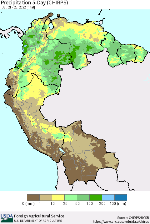 Northern South America Precipitation 5-Day (CHIRPS) Thematic Map For 7/21/2022 - 7/25/2022