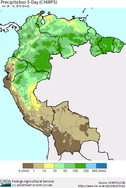 Northern South America Precipitation 5-Day (CHIRPS) Thematic Map For 7/26/2022 - 7/31/2022