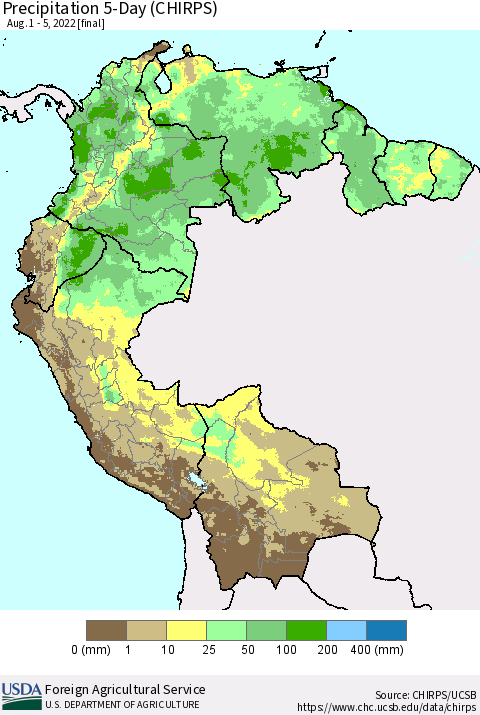 Northern South America Precipitation 5-Day (CHIRPS) Thematic Map For 8/1/2022 - 8/5/2022