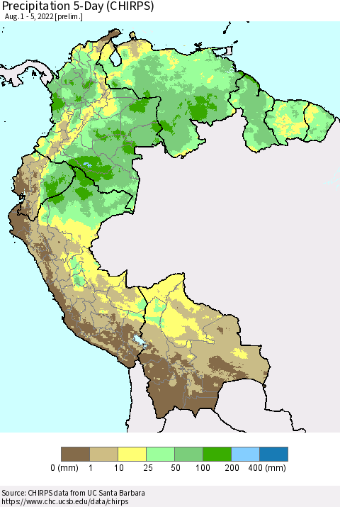 Northern South America Precipitation 5-Day (CHIRPS) Thematic Map For 8/1/2022 - 8/5/2022