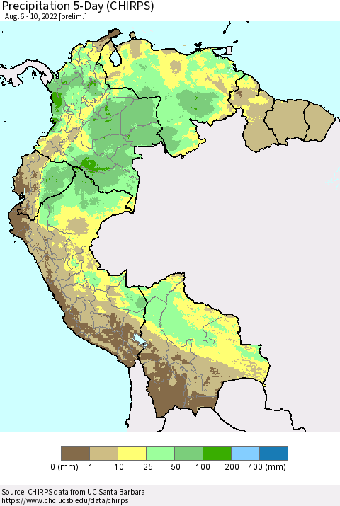 Northern South America Precipitation 5-Day (CHIRPS) Thematic Map For 8/6/2022 - 8/10/2022