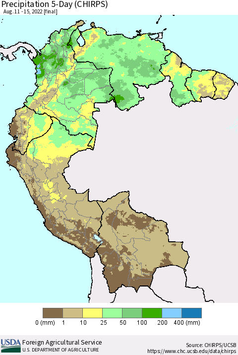 Northern South America Precipitation 5-Day (CHIRPS) Thematic Map For 8/11/2022 - 8/15/2022
