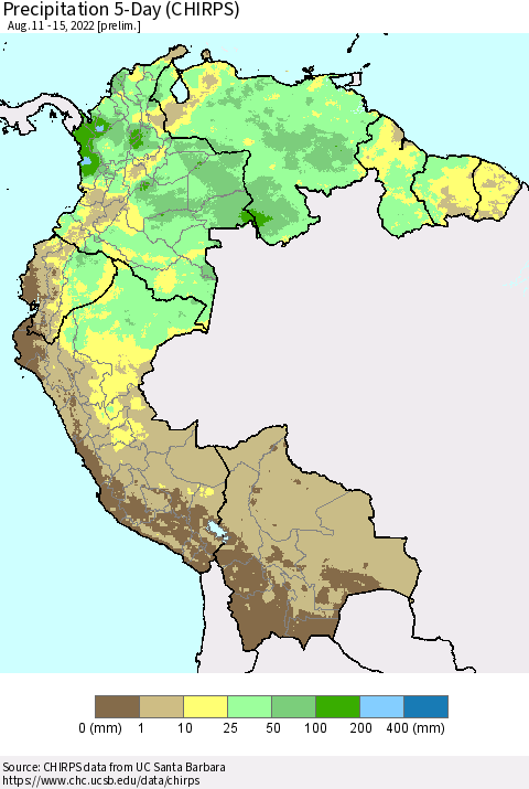 Northern South America Precipitation 5-Day (CHIRPS) Thematic Map For 8/11/2022 - 8/15/2022