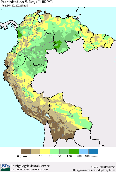 Northern South America Precipitation 5-Day (CHIRPS) Thematic Map For 8/16/2022 - 8/20/2022