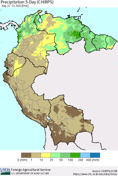 Northern South America Precipitation 5-Day (CHIRPS) Thematic Map For 8/21/2022 - 8/25/2022