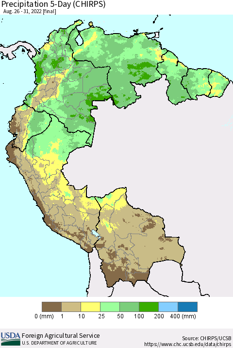 Northern South America Precipitation 5-Day (CHIRPS) Thematic Map For 8/26/2022 - 8/31/2022