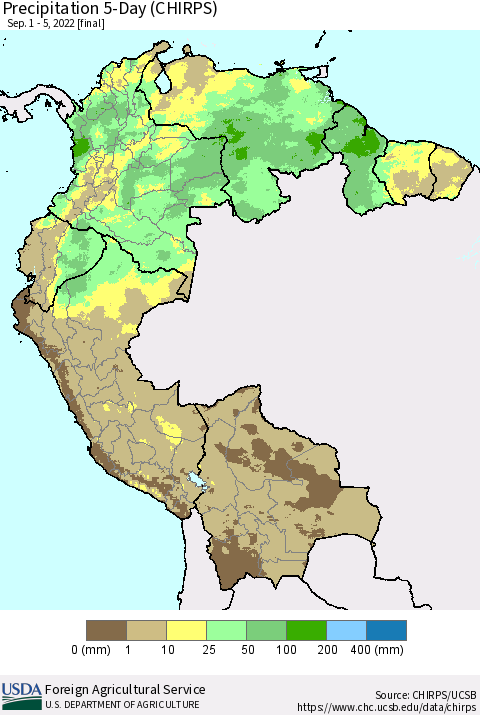 Northern South America Precipitation 5-Day (CHIRPS) Thematic Map For 9/1/2022 - 9/5/2022