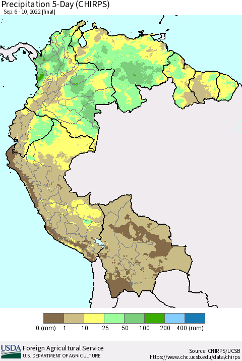 Northern South America Precipitation 5-Day (CHIRPS) Thematic Map For 9/6/2022 - 9/10/2022