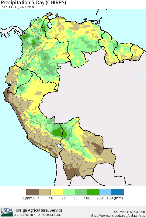 Northern South America Precipitation 5-Day (CHIRPS) Thematic Map For 9/11/2022 - 9/15/2022