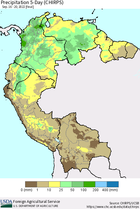 Northern South America Precipitation 5-Day (CHIRPS) Thematic Map For 9/16/2022 - 9/20/2022