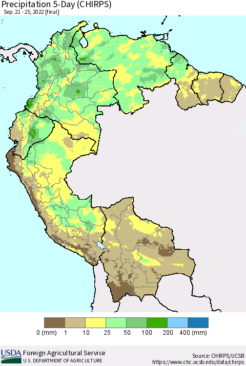 Northern South America Precipitation 5-Day (CHIRPS) Thematic Map For 9/21/2022 - 9/25/2022