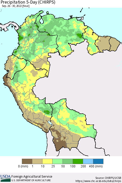 Northern South America Precipitation 5-Day (CHIRPS) Thematic Map For 9/26/2022 - 9/30/2022