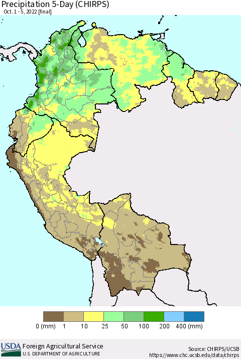 Northern South America Precipitation 5-Day (CHIRPS) Thematic Map For 10/1/2022 - 10/5/2022