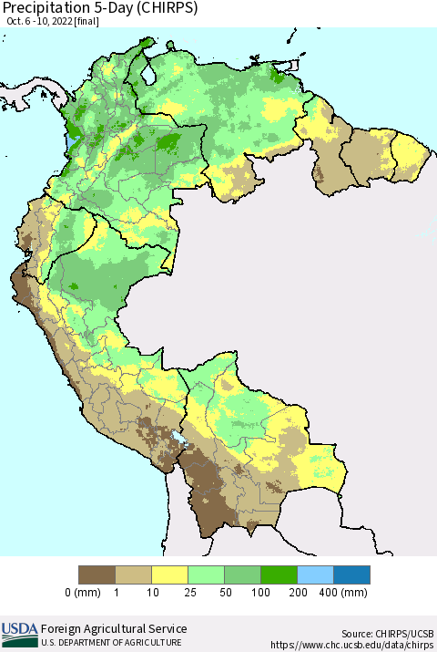 Northern South America Precipitation 5-Day (CHIRPS) Thematic Map For 10/6/2022 - 10/10/2022