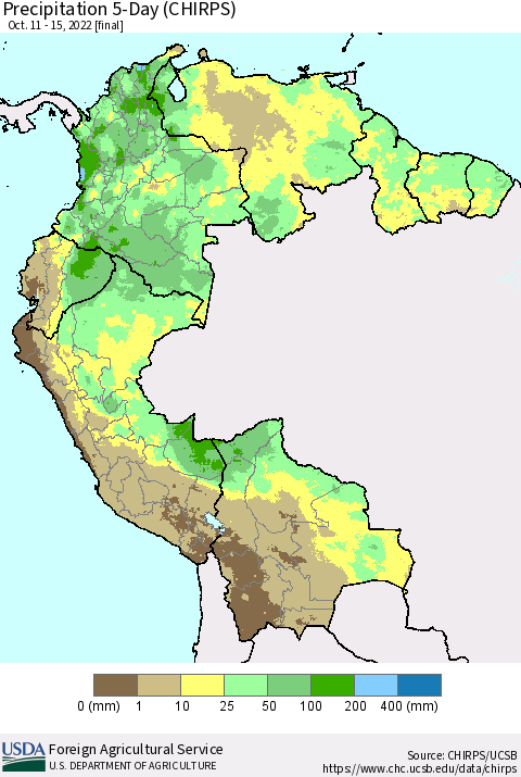 Northern South America Precipitation 5-Day (CHIRPS) Thematic Map For 10/11/2022 - 10/15/2022