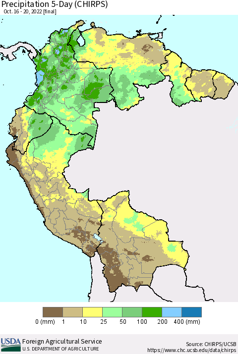 Northern South America Precipitation 5-Day (CHIRPS) Thematic Map For 10/16/2022 - 10/20/2022