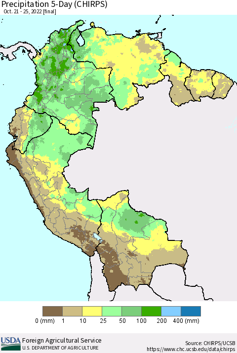 Northern South America Precipitation 5-Day (CHIRPS) Thematic Map For 10/21/2022 - 10/25/2022