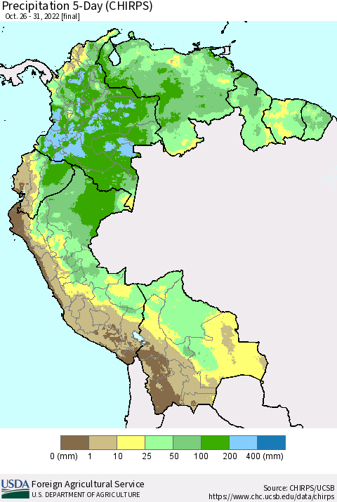 Northern South America Precipitation 5-Day (CHIRPS) Thematic Map For 10/26/2022 - 10/31/2022