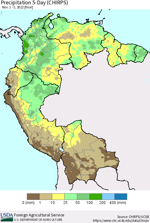 Northern South America Precipitation 5-Day (CHIRPS) Thematic Map For 11/1/2022 - 11/5/2022