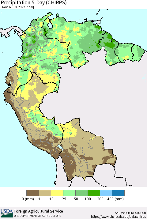 Northern South America Precipitation 5-Day (CHIRPS) Thematic Map For 11/6/2022 - 11/10/2022