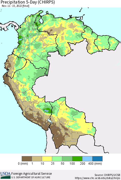 Northern South America Precipitation 5-Day (CHIRPS) Thematic Map For 11/11/2022 - 11/15/2022