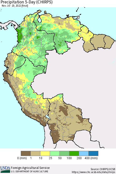 Northern South America Precipitation 5-Day (CHIRPS) Thematic Map For 11/16/2022 - 11/20/2022