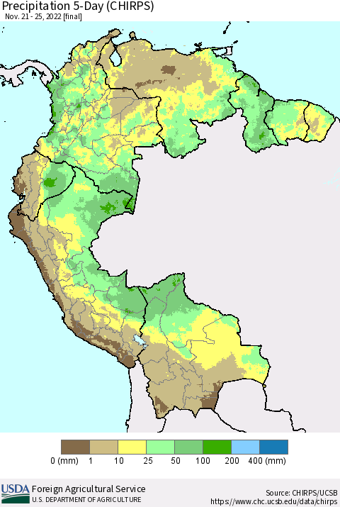 Northern South America Precipitation 5-Day (CHIRPS) Thematic Map For 11/21/2022 - 11/25/2022