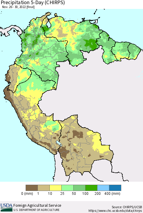 Northern South America Precipitation 5-Day (CHIRPS) Thematic Map For 11/26/2022 - 11/30/2022