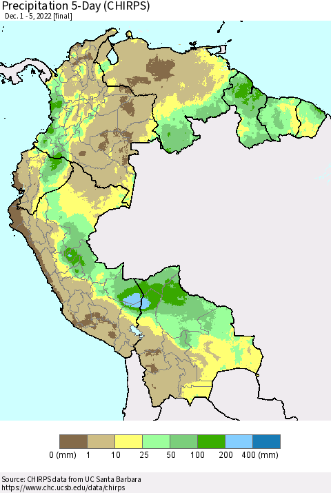 Northern South America Precipitation 5-Day (CHIRPS) Thematic Map For 12/1/2022 - 12/5/2022