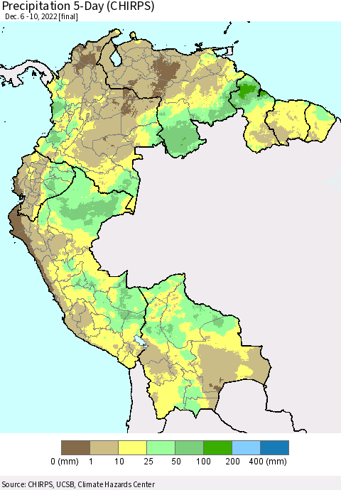 Northern South America Precipitation 5-Day (CHIRPS) Thematic Map For 12/6/2022 - 12/10/2022