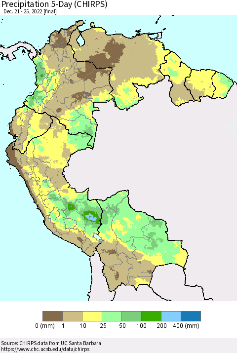 Northern South America Precipitation 5-Day (CHIRPS) Thematic Map For 12/21/2022 - 12/25/2022