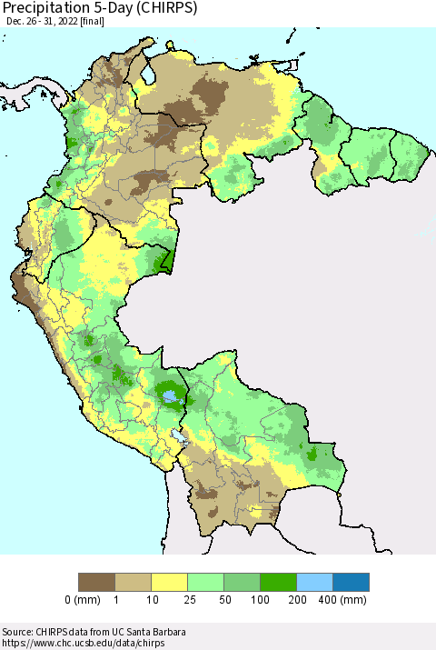 Northern South America Precipitation 5-Day (CHIRPS) Thematic Map For 12/26/2022 - 12/31/2022