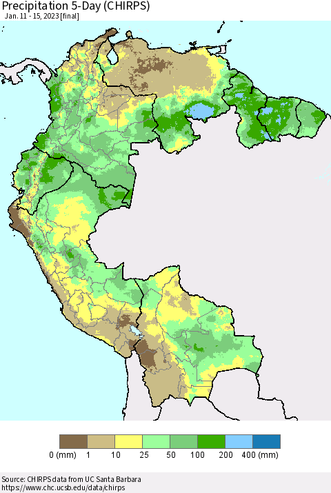 Northern South America Precipitation 5-Day (CHIRPS) Thematic Map For 1/11/2023 - 1/15/2023