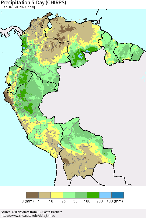 Northern South America Precipitation 5-Day (CHIRPS) Thematic Map For 1/16/2023 - 1/20/2023