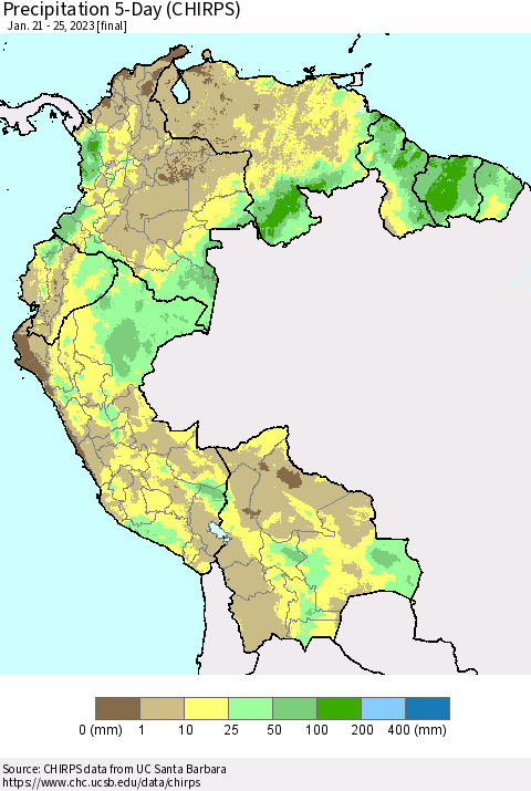 Northern South America Precipitation 5-Day (CHIRPS) Thematic Map For 1/21/2023 - 1/25/2023